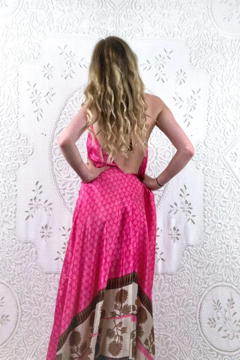 Athena Maxi Dress - Vintage Sari - Ballet Pink Floral Motif - XXS - S