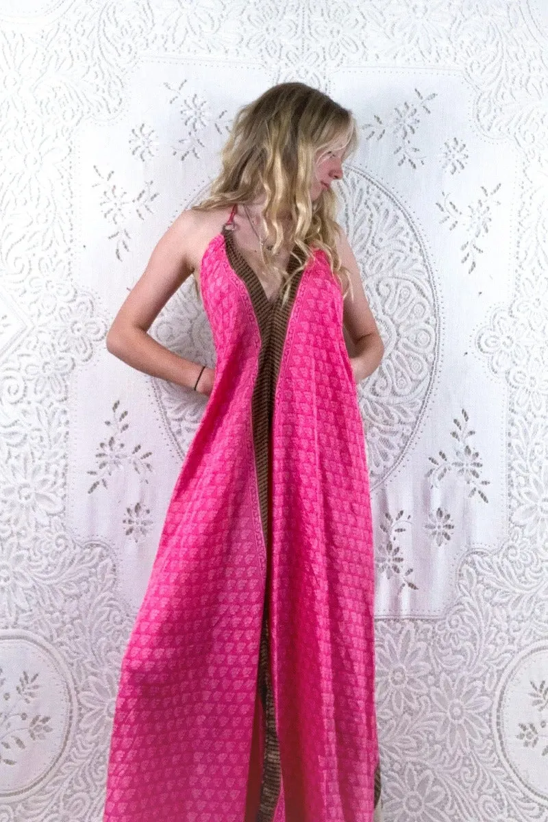 Athena Maxi Dress - Vintage Sari - Ballet Pink Floral Motif - XXS - S