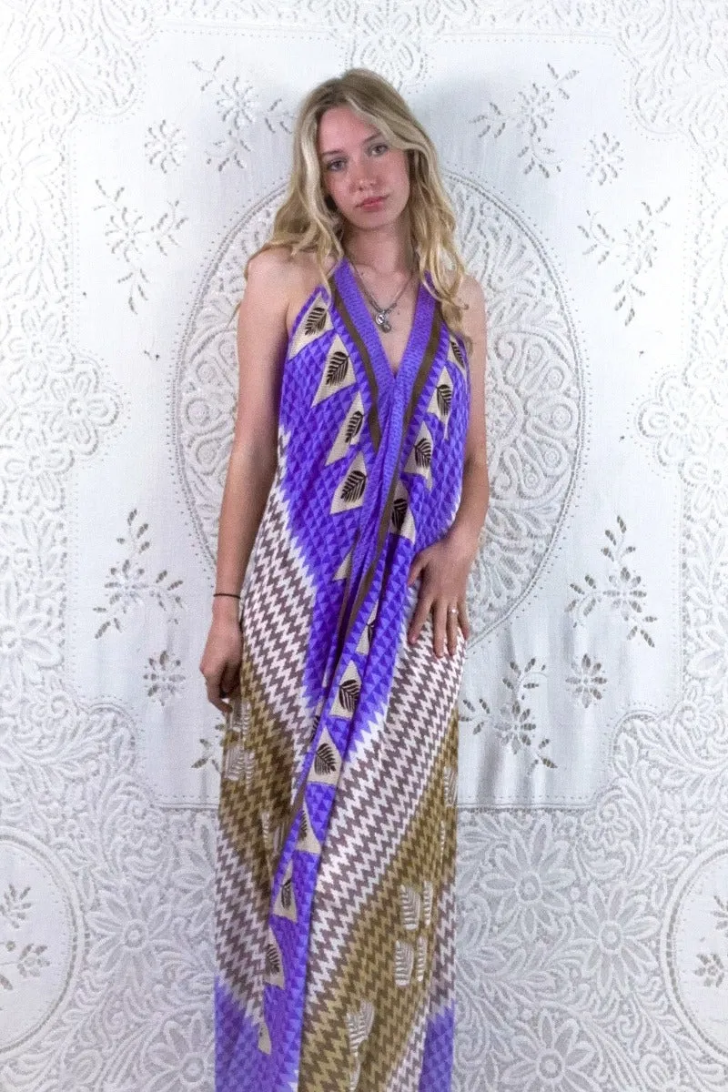 Athena Maxi Dress - Vintage Sari - Lavender & Fawn Fern Chevron Print - XS - M/L
