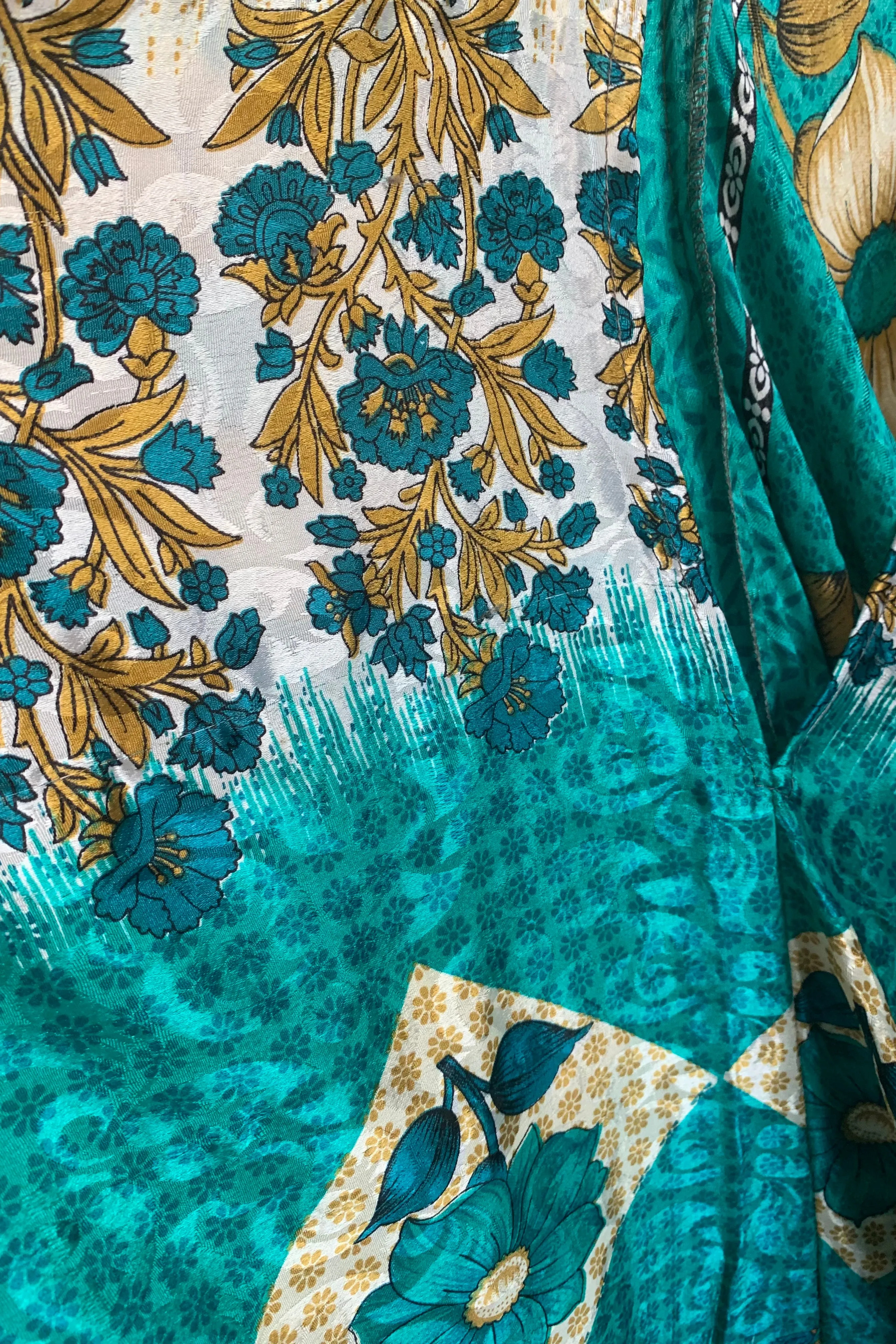 Athena Maxi Dress - Vintage Sari - Mottled Teal & Tan Wildflower - M to L/XL