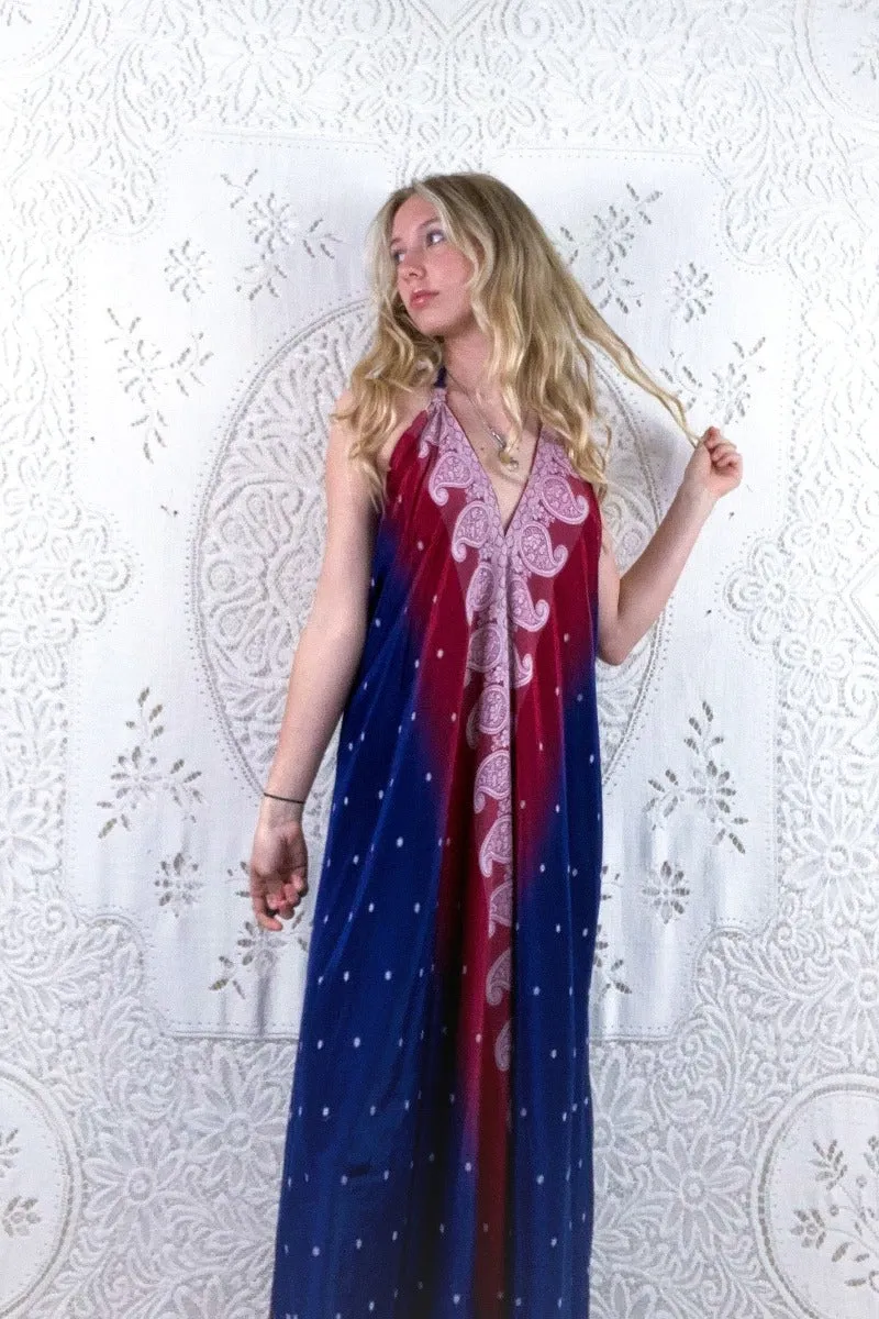 Athena Maxi Dress - Vintage Sari - Precious Red & Blue Embroidery - S - M/L