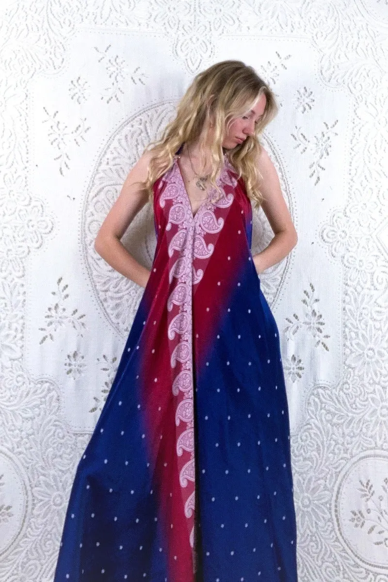 Athena Maxi Dress - Vintage Sari - Precious Red & Blue Embroidery - S - M/L