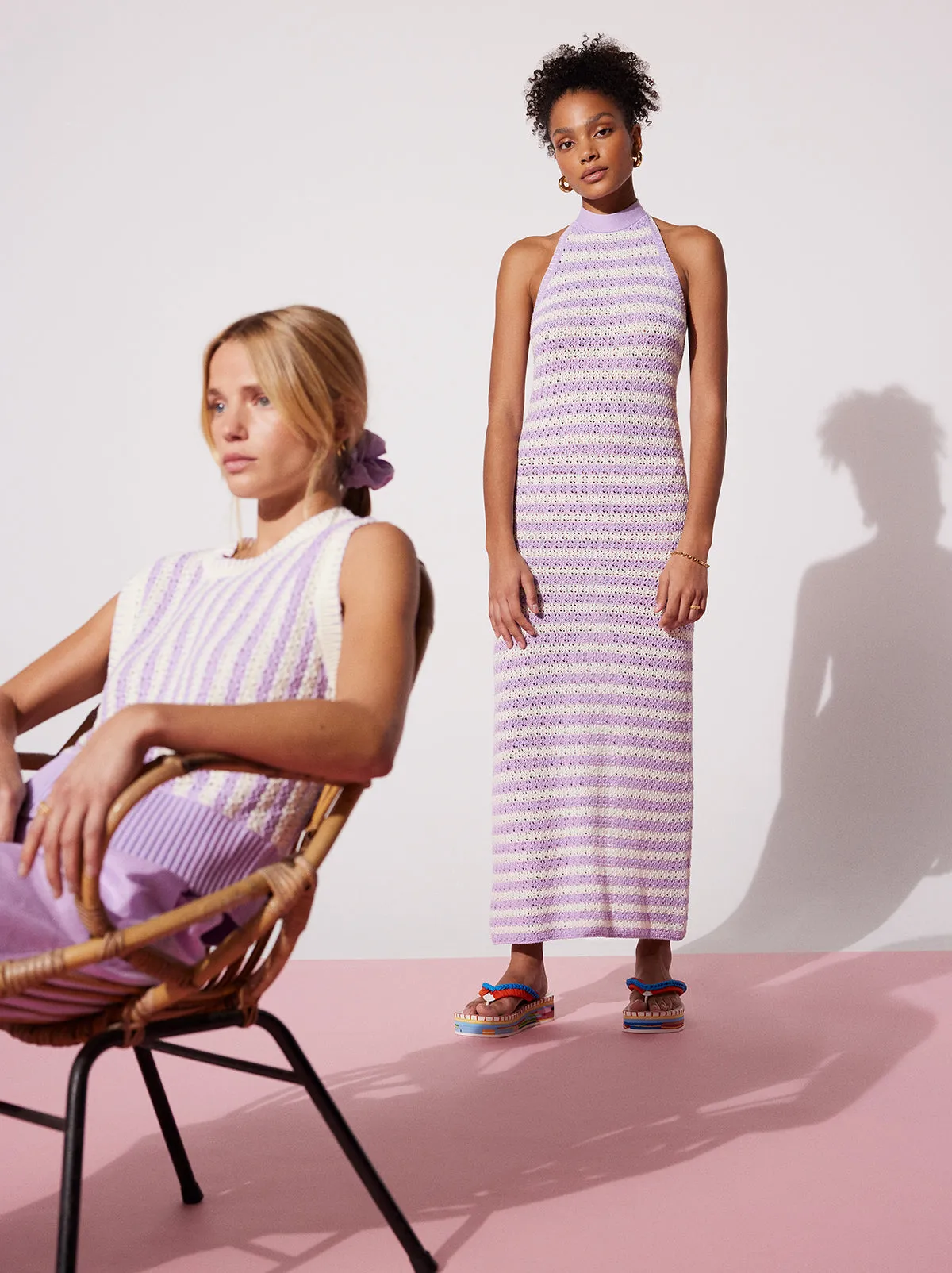 Atlanta Lilac Stripe Crochet Knit Halter Dress