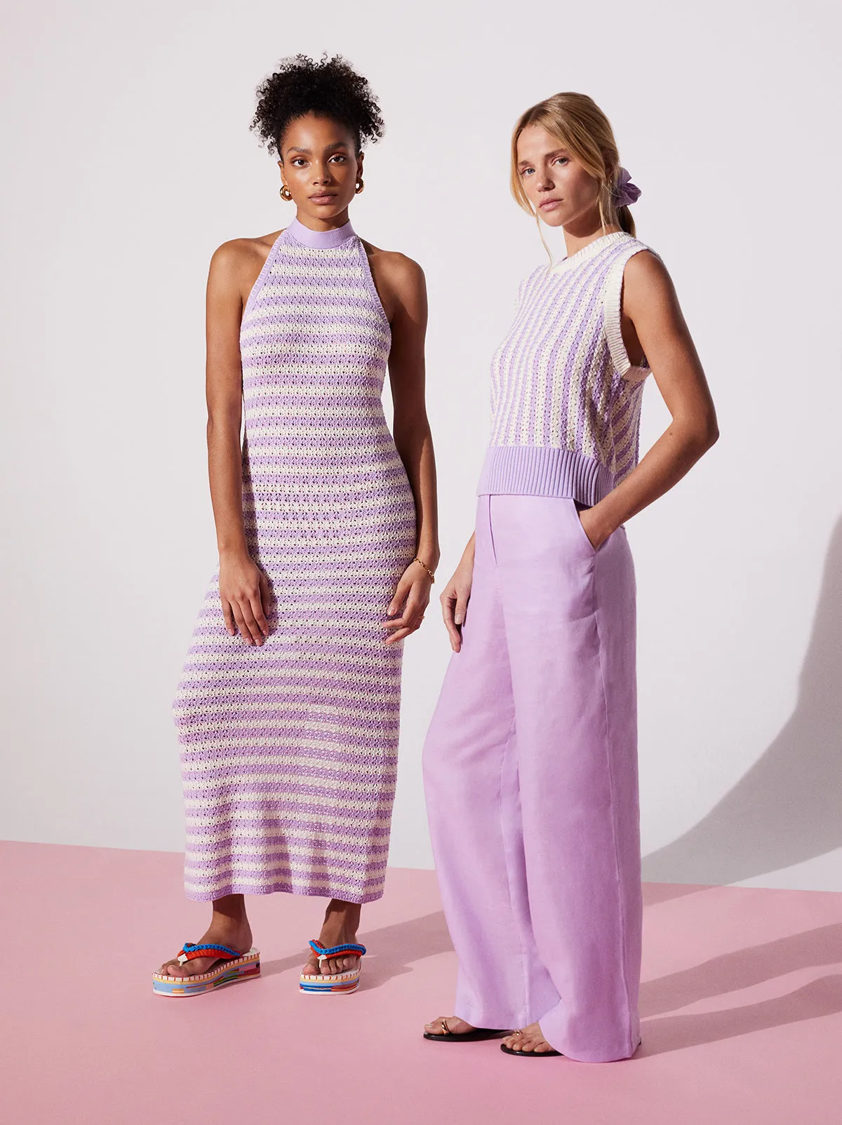 Atlanta Lilac Stripe Crochet Knit Halter Dress