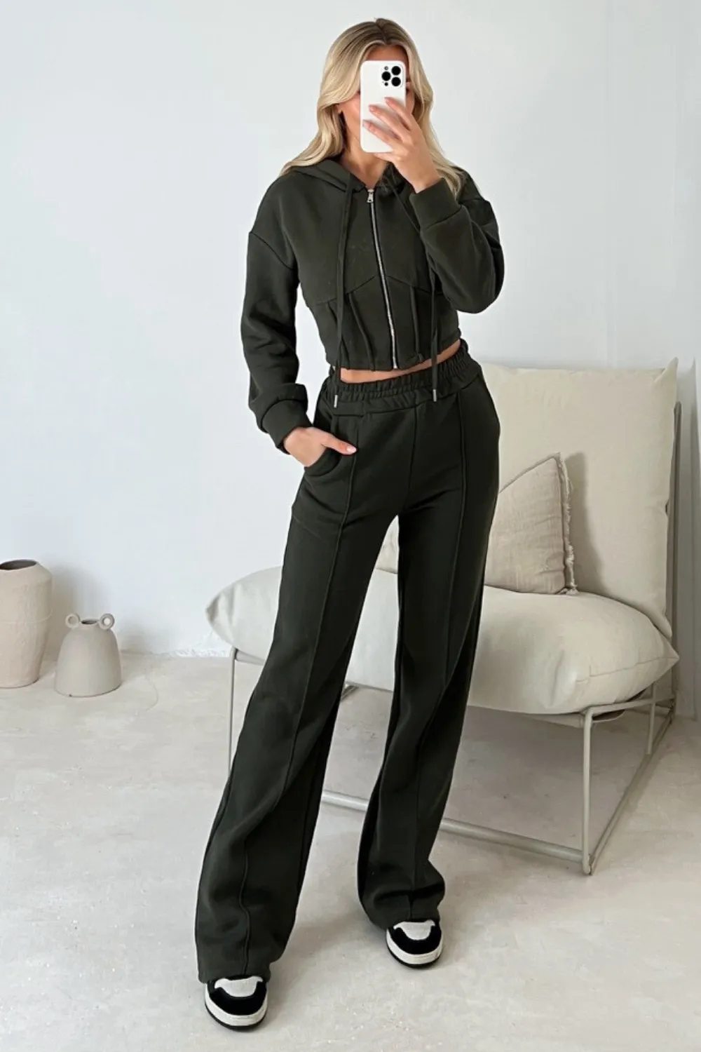 Aubrey khaki cropped jacket jogger loungewear set