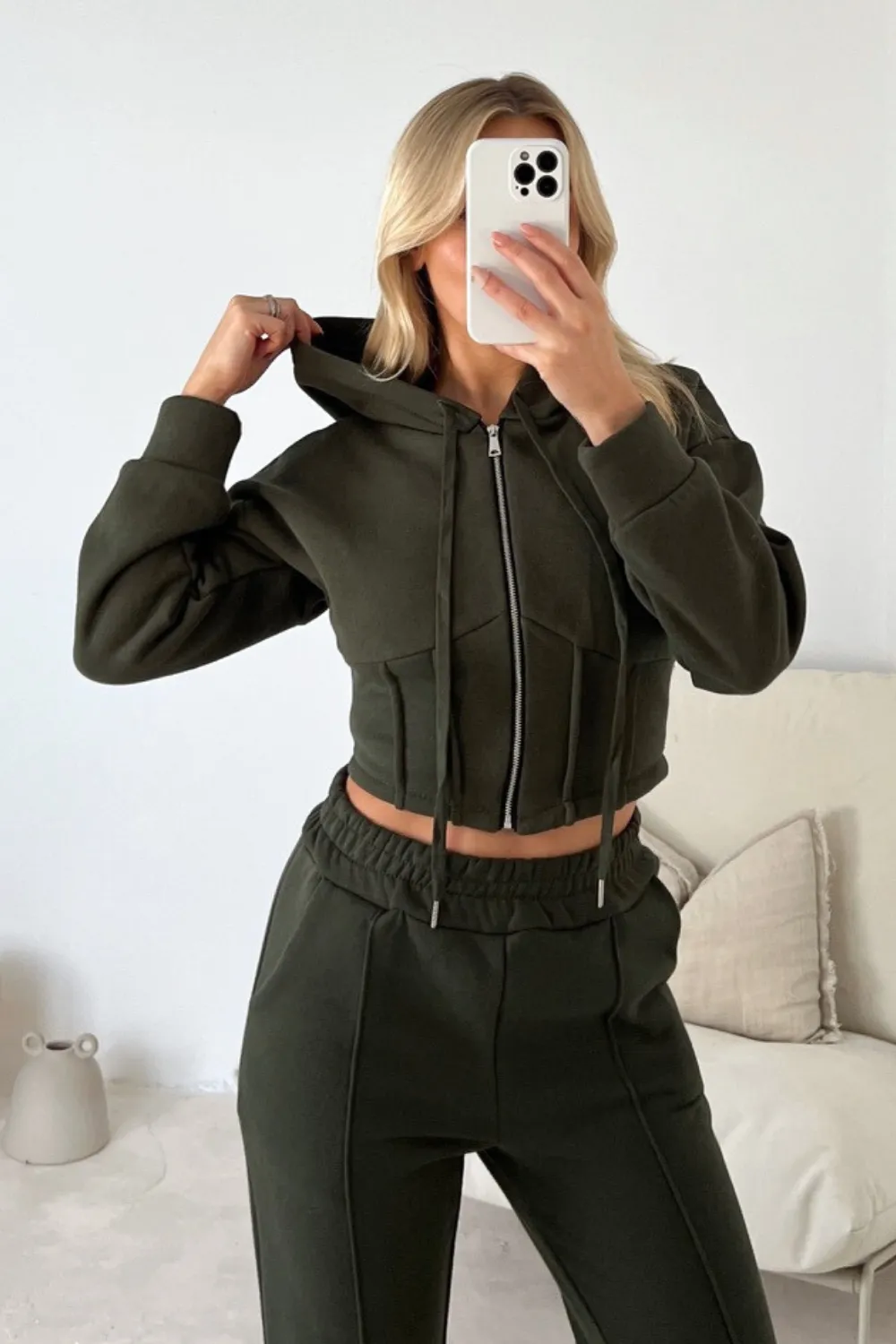 Aubrey khaki cropped jacket jogger loungewear set