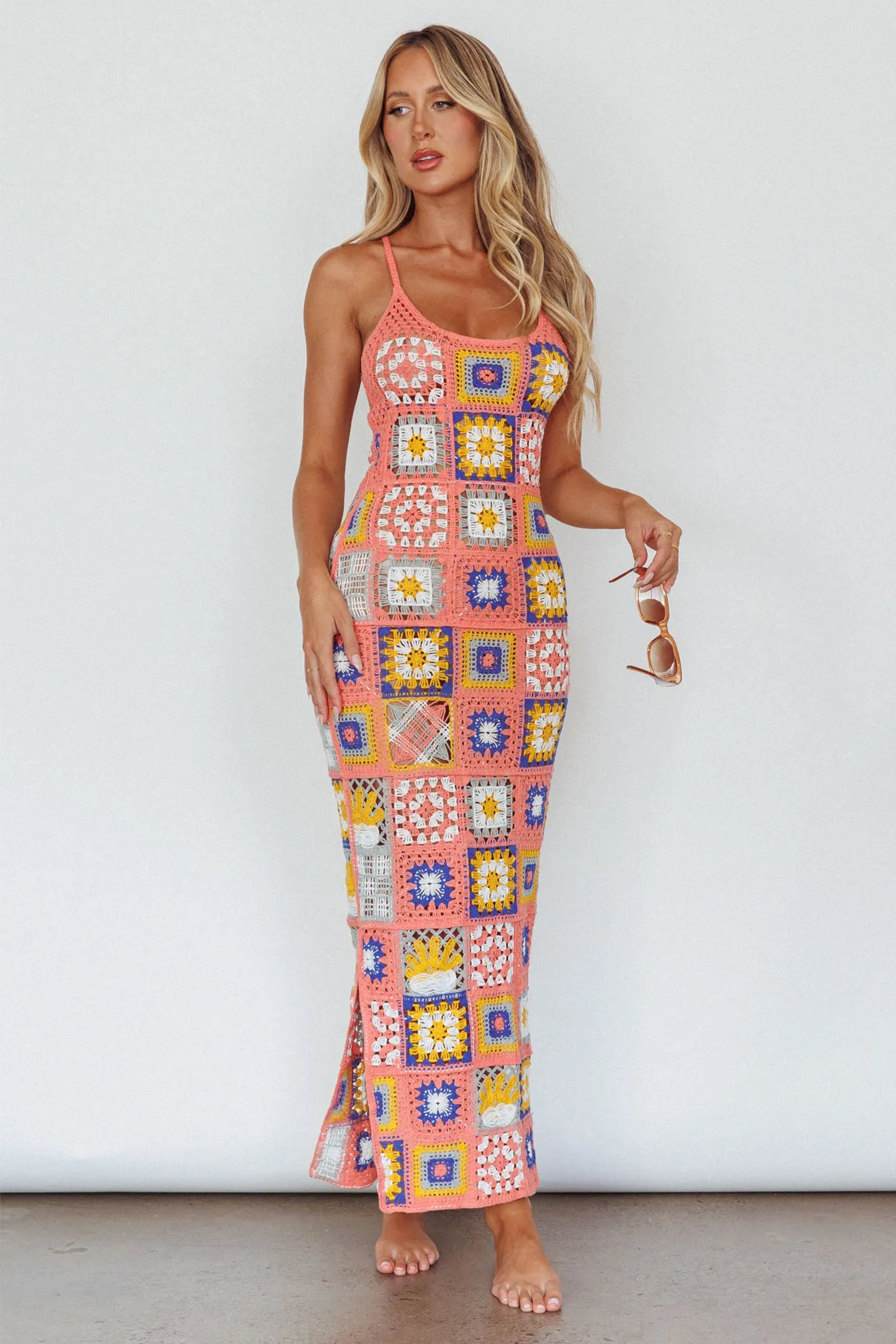 Bali Babe Crochet Maxi Dress Pink Multi