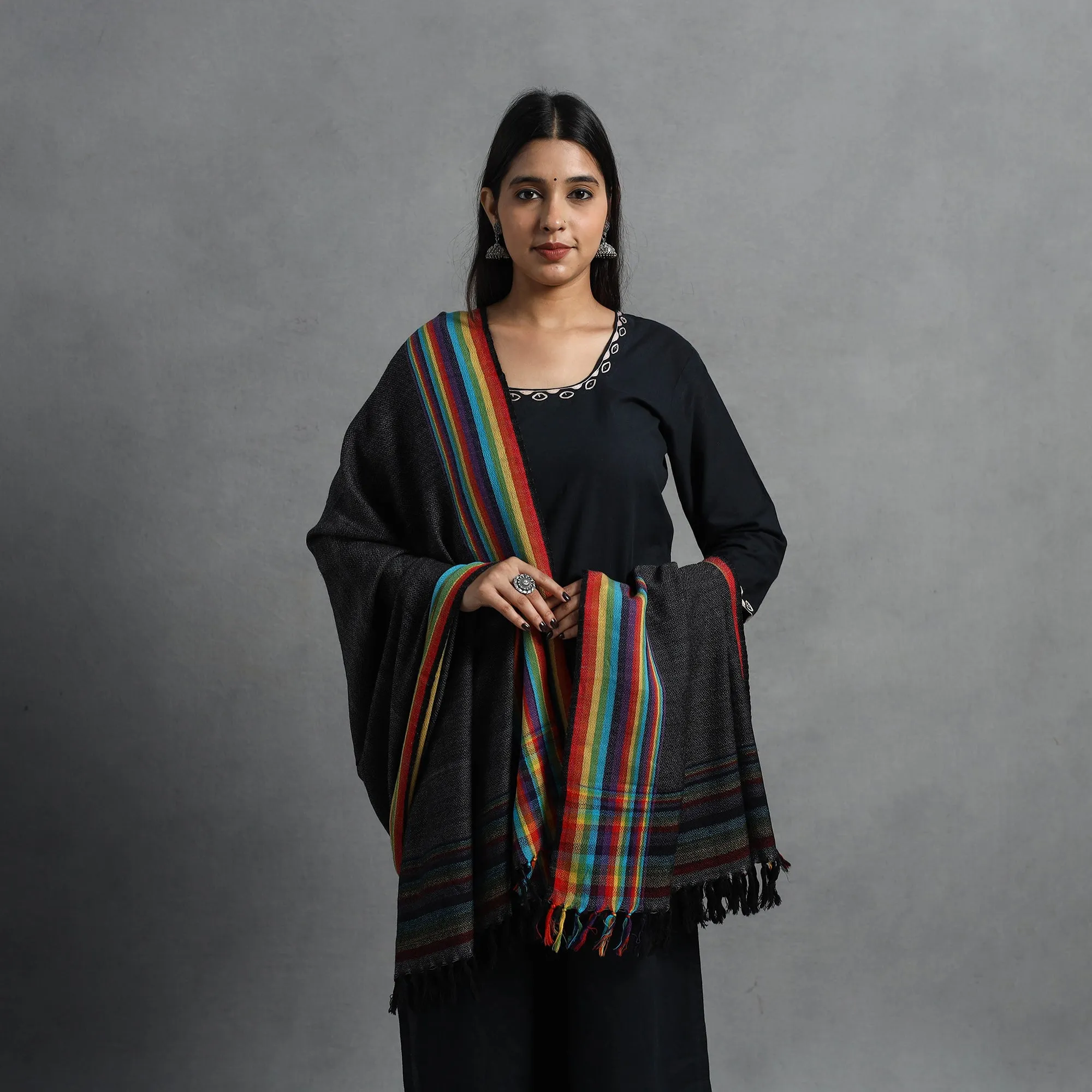 Black - Kumaun Handwoven Pure Merino Wool Shawl for Women 32
