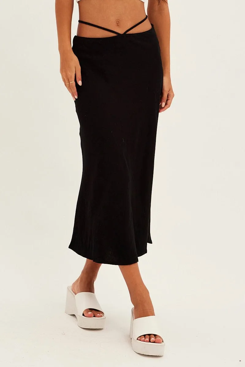 Black Linen Blend Waist Tie Slip Midi Skirt