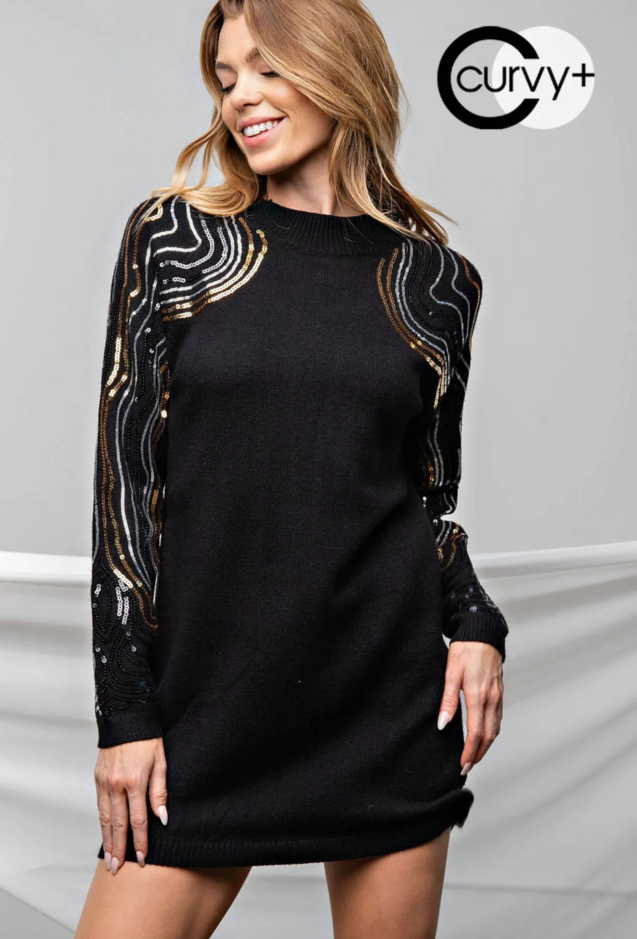 Black Sequin Sweater Tunic Dress