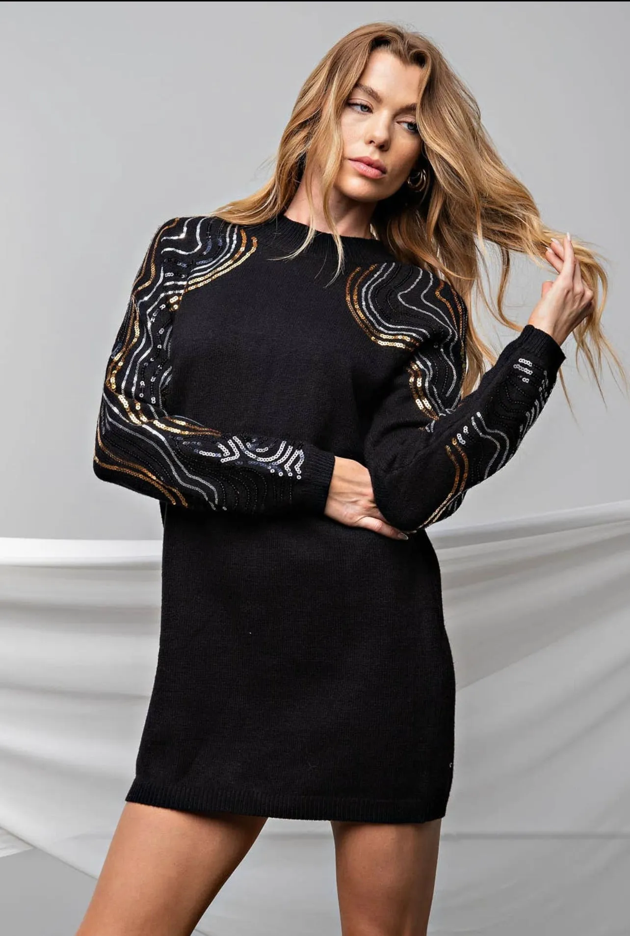 Black Sequin Sweater Tunic Dress
