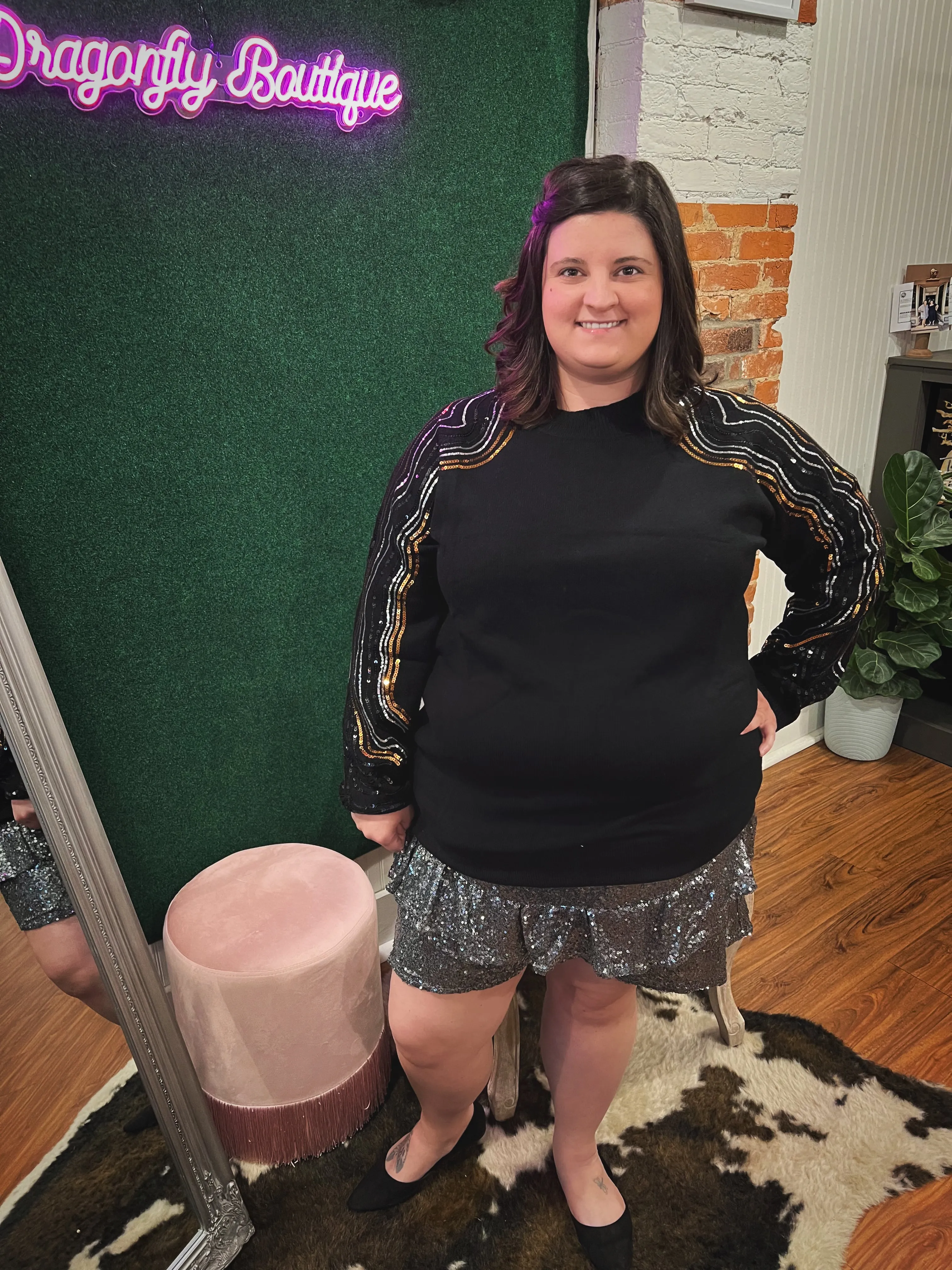 Black Sequin Sweater Tunic Dress