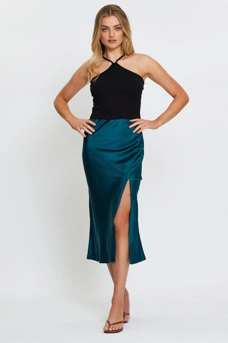 Blue Front Slit Slip Midi Skirt
