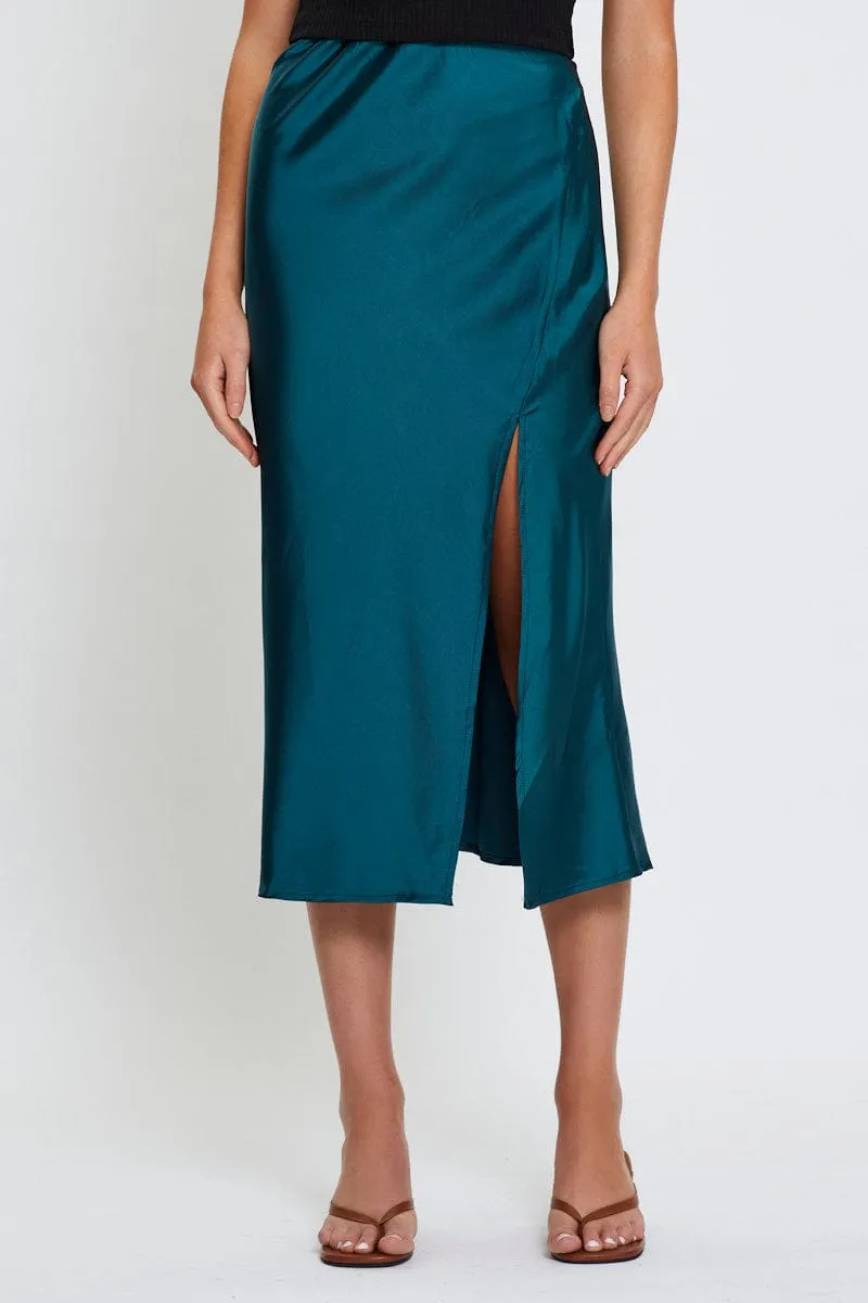 Blue Front Slit Slip Midi Skirt