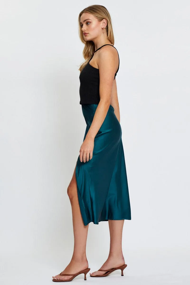 Blue Front Slit Slip Midi Skirt