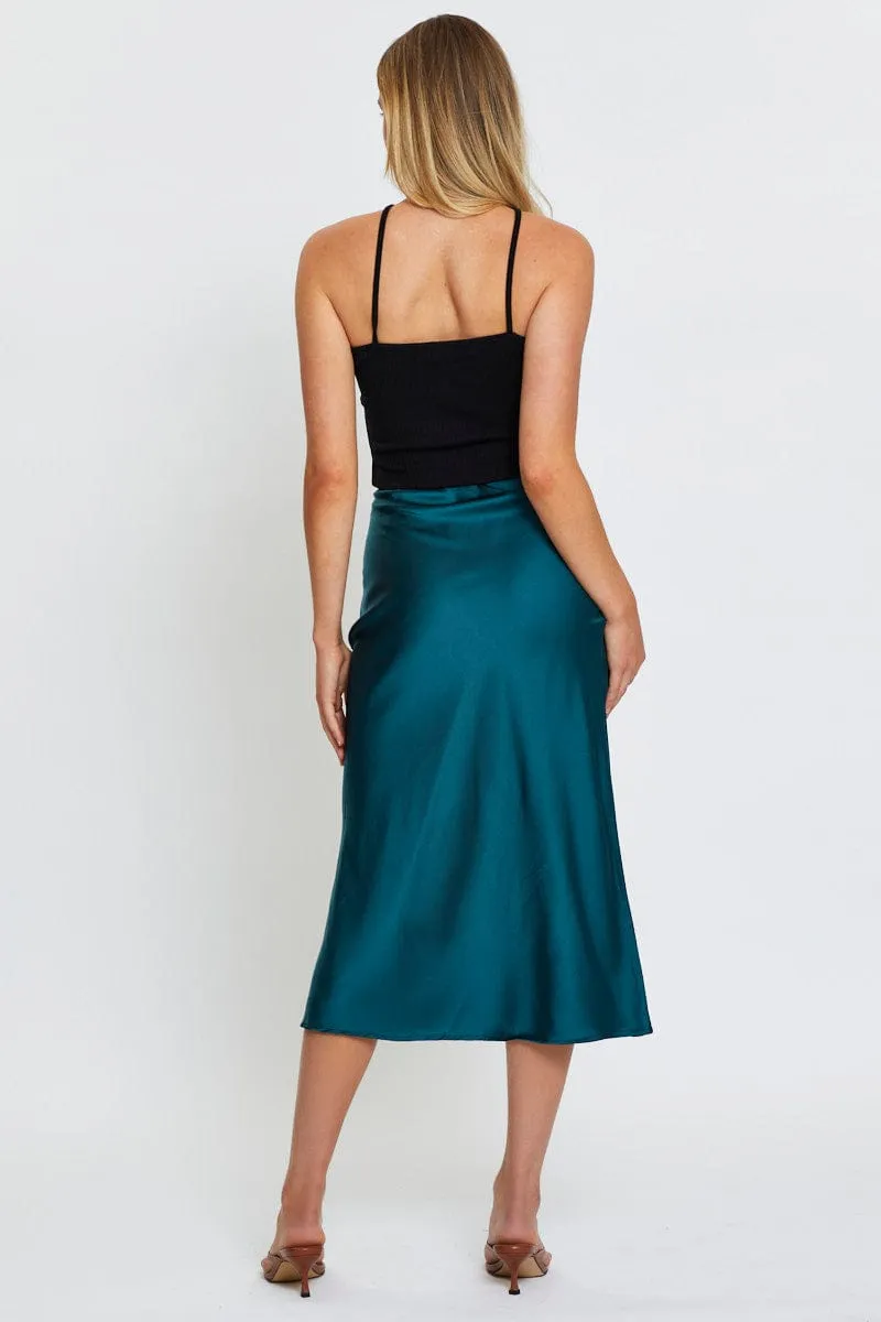 Blue Front Slit Slip Midi Skirt