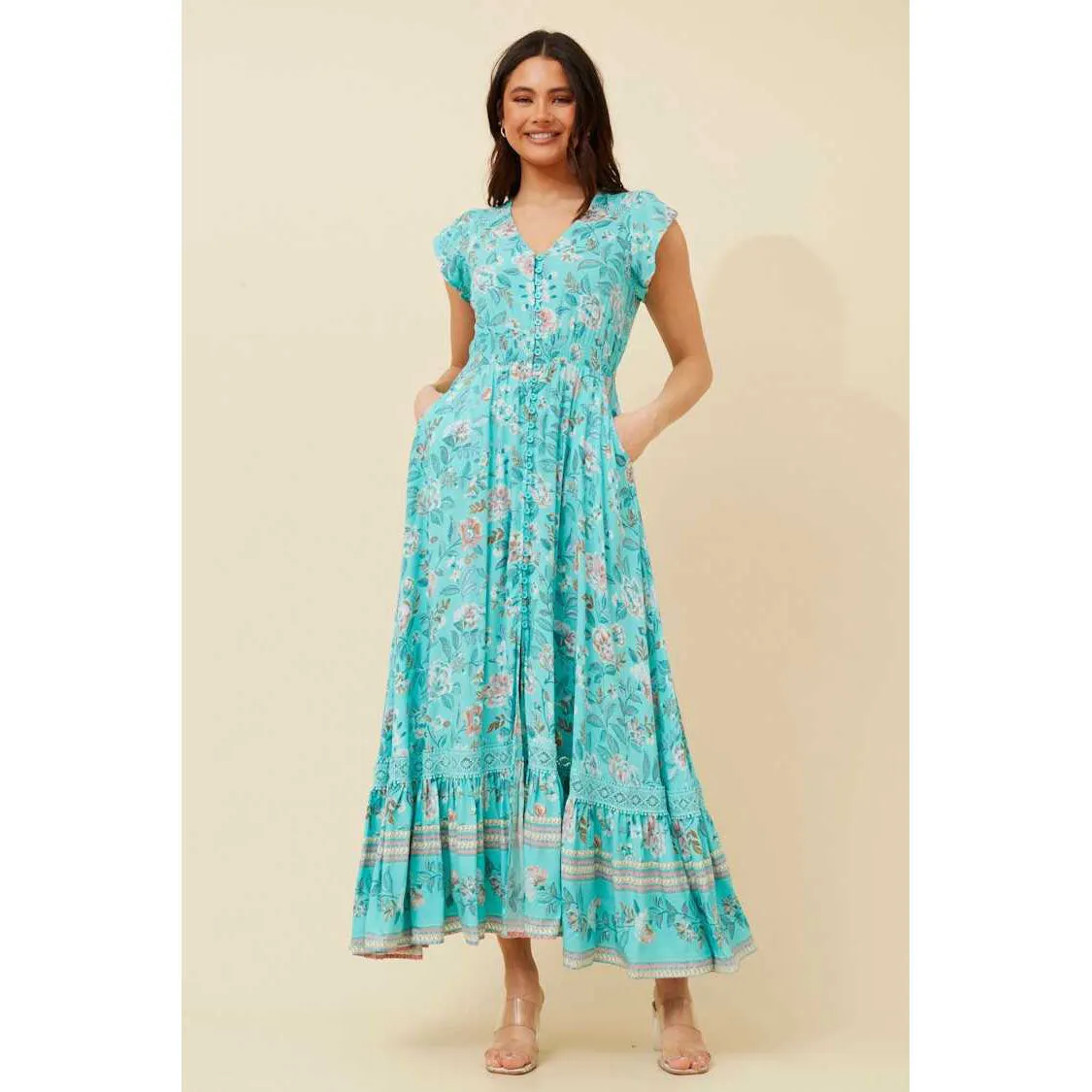 Boho Maxi Dress With Button Front - Blue