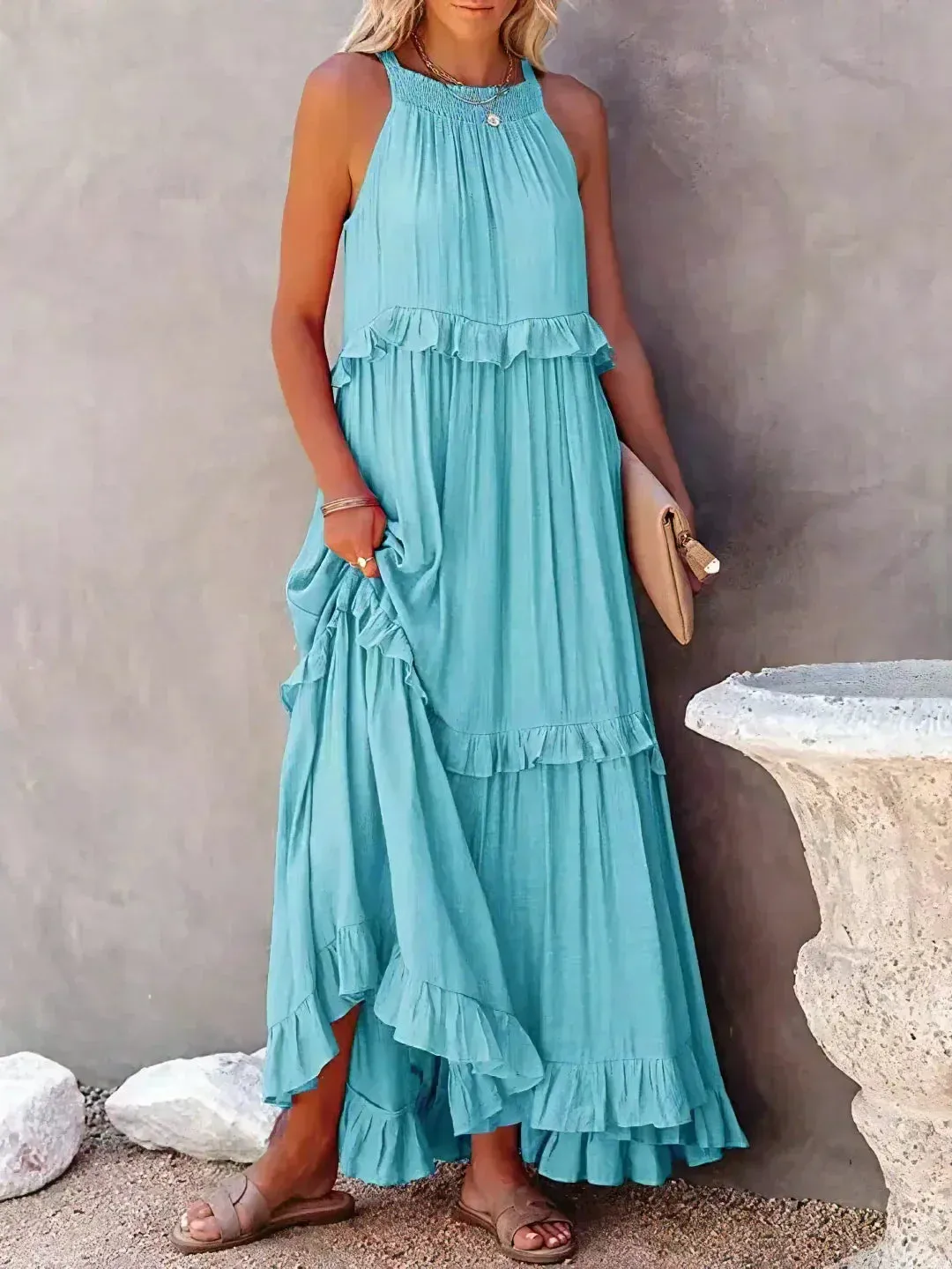 CHARLIZE™ | BREEZE HALTER RUFFLE MAXI DRESS