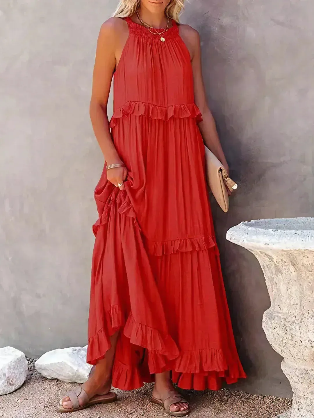 CHARLIZE™ | BREEZE HALTER RUFFLE MAXI DRESS
