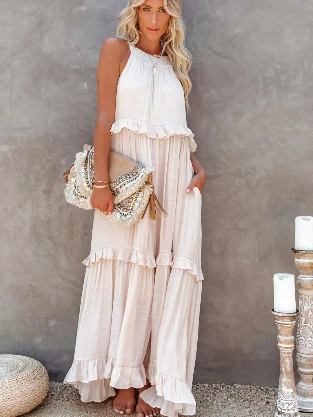 CHARLIZE™ | BREEZE HALTER RUFFLE MAXI DRESS