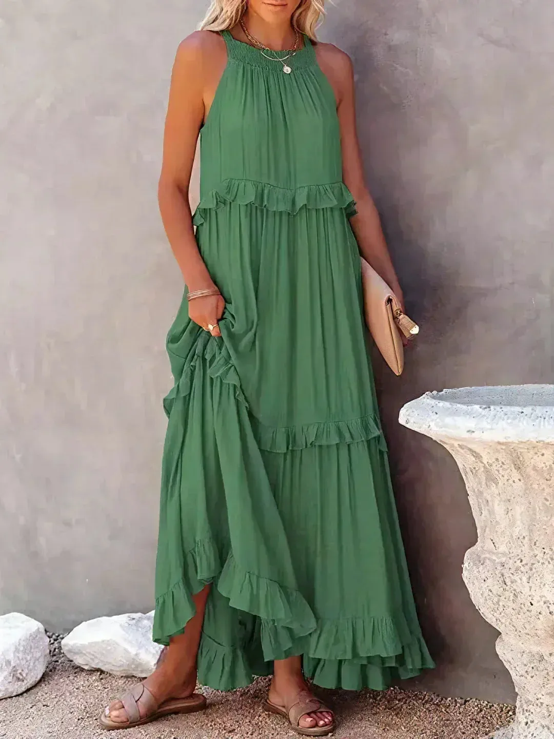 CHARLIZE™ | BREEZE HALTER RUFFLE MAXI DRESS