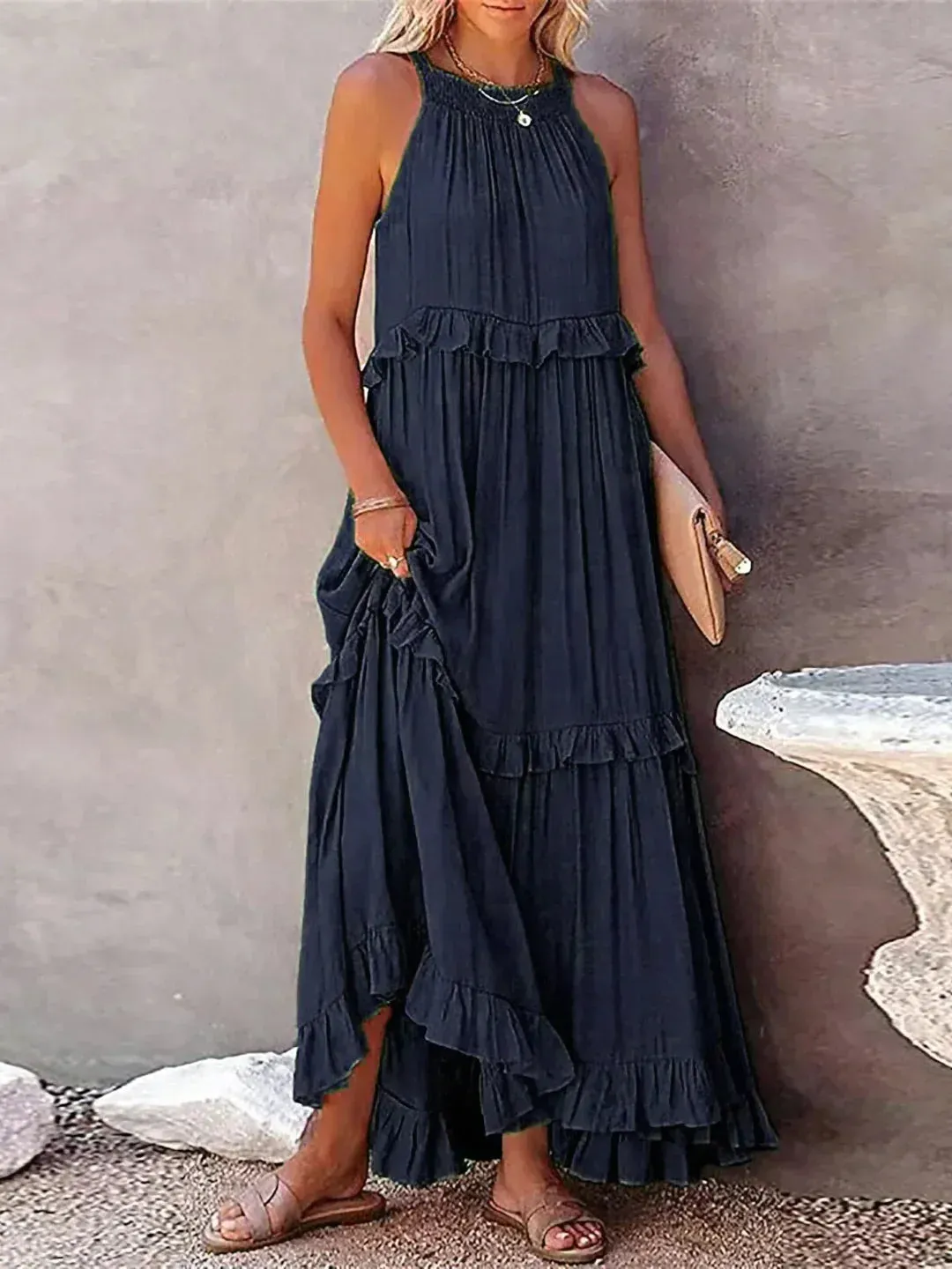 CHARLIZE™ | BREEZE HALTER RUFFLE MAXI DRESS