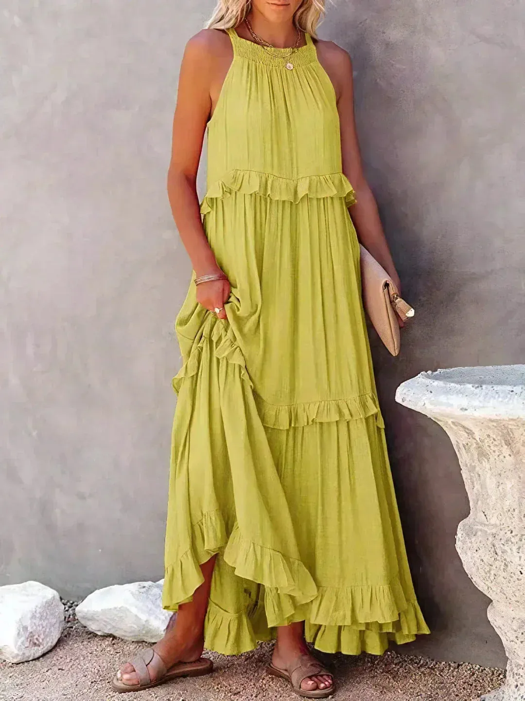 CHARLIZE™ | BREEZE HALTER RUFFLE MAXI DRESS
