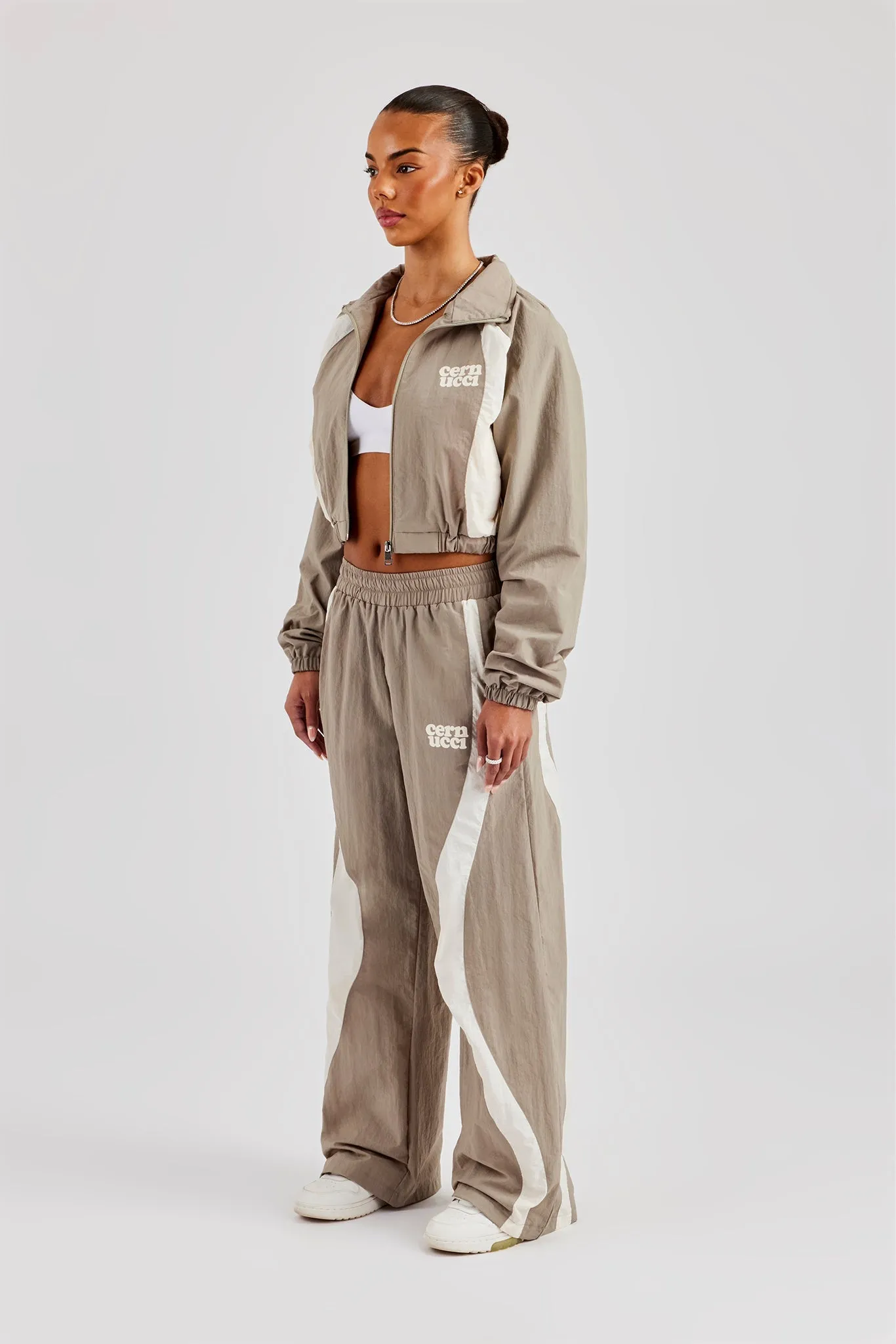 Contrast Panel Nylon Zip Through Tracksuit - Khaki