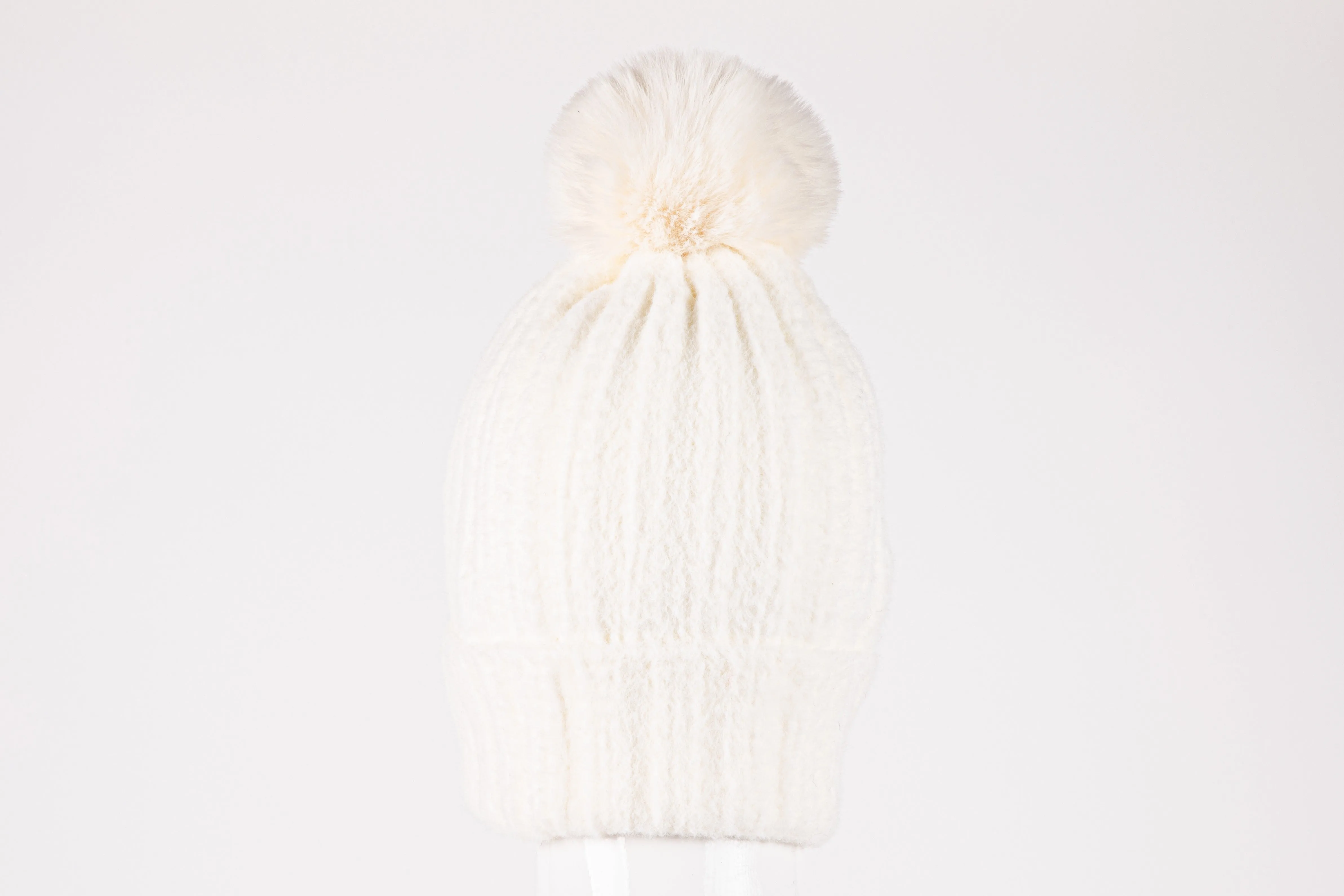 di firenze Rib Knit Hat With Faux Fur Pom Pom