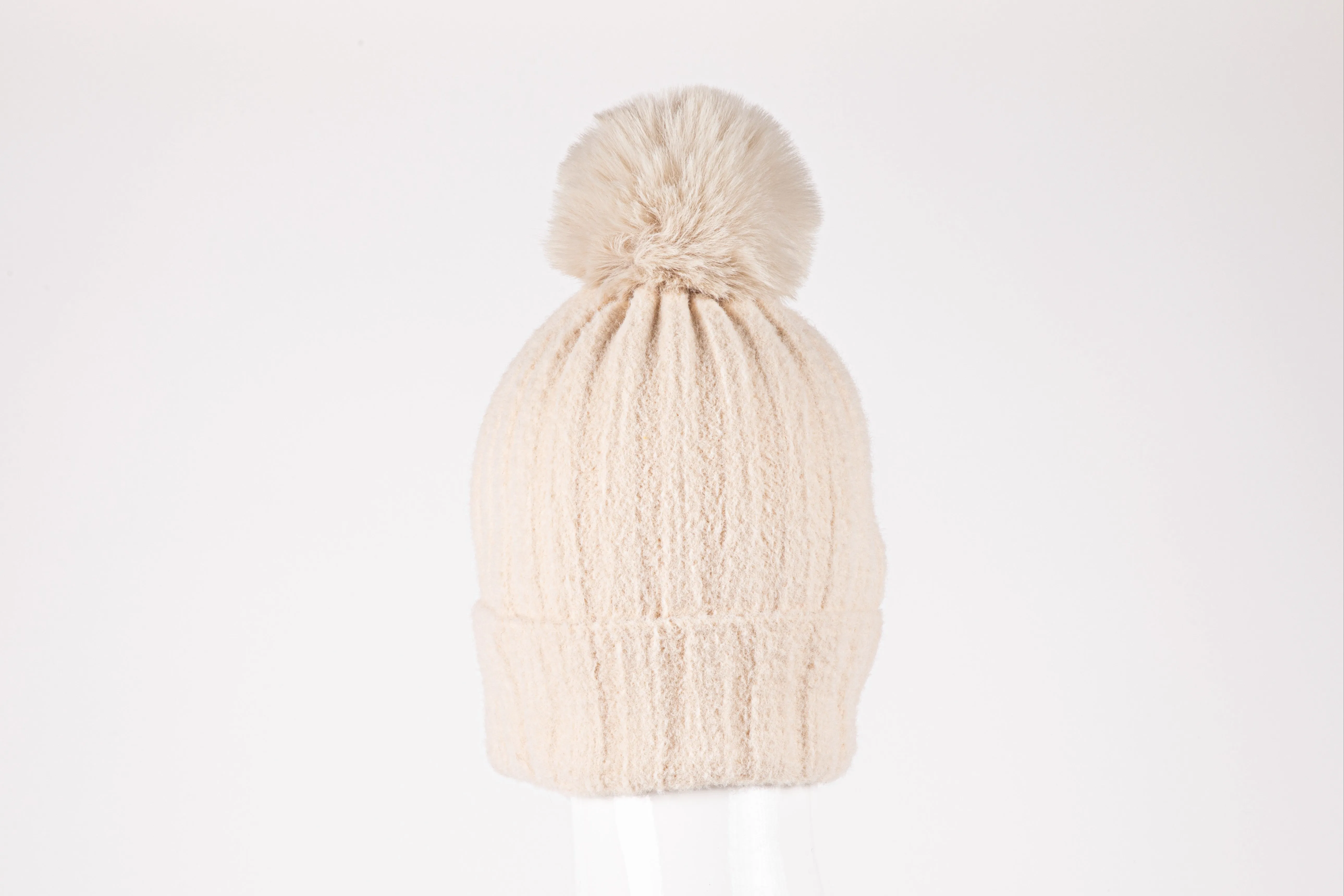 di firenze Rib Knit Hat With Faux Fur Pom Pom