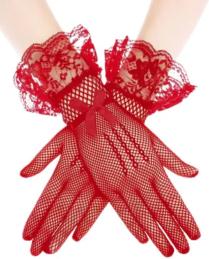 Fancydresswale Lace Vintage Bridal Elegant Party Full Finger Gloves for Party, wedding and Anniversaries; Red Color