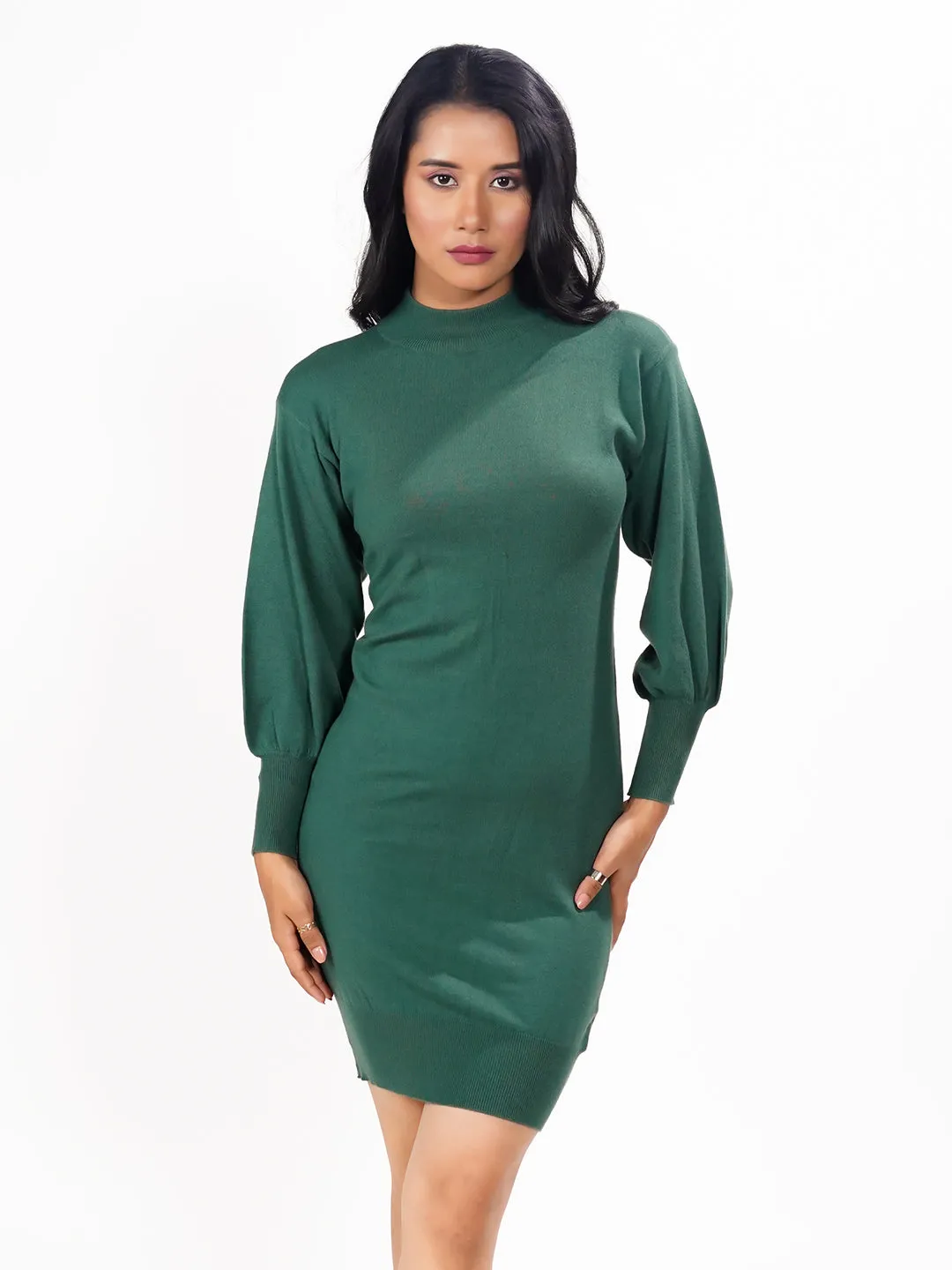 Green Solid Slip-On Short Sweater Dress