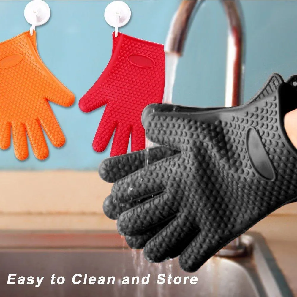 Homar Set of 2 Silicone Heat Resistant BBQ Grill Gloves Oven Mitts and Pot Holder - Best in BBQ Accessories - Waterproof Max Heat Gloves Perfect for Cooking, Camping, Grilling, Smoking and Baking (Black)