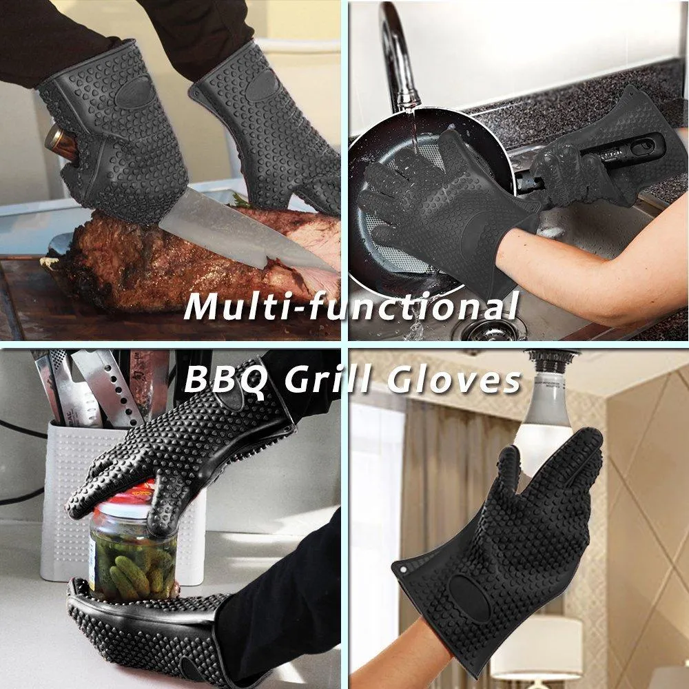 Homar Set of 2 Silicone Heat Resistant BBQ Grill Gloves Oven Mitts and Pot Holder - Best in BBQ Accessories - Waterproof Max Heat Gloves Perfect for Cooking, Camping, Grilling, Smoking and Baking (Black)