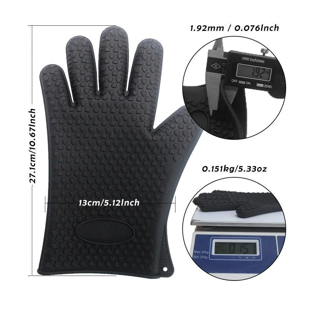 Homar Set of 2 Silicone Heat Resistant BBQ Grill Gloves Oven Mitts and Pot Holder - Best in BBQ Accessories - Waterproof Max Heat Gloves Perfect for Cooking, Camping, Grilling, Smoking and Baking (Black)