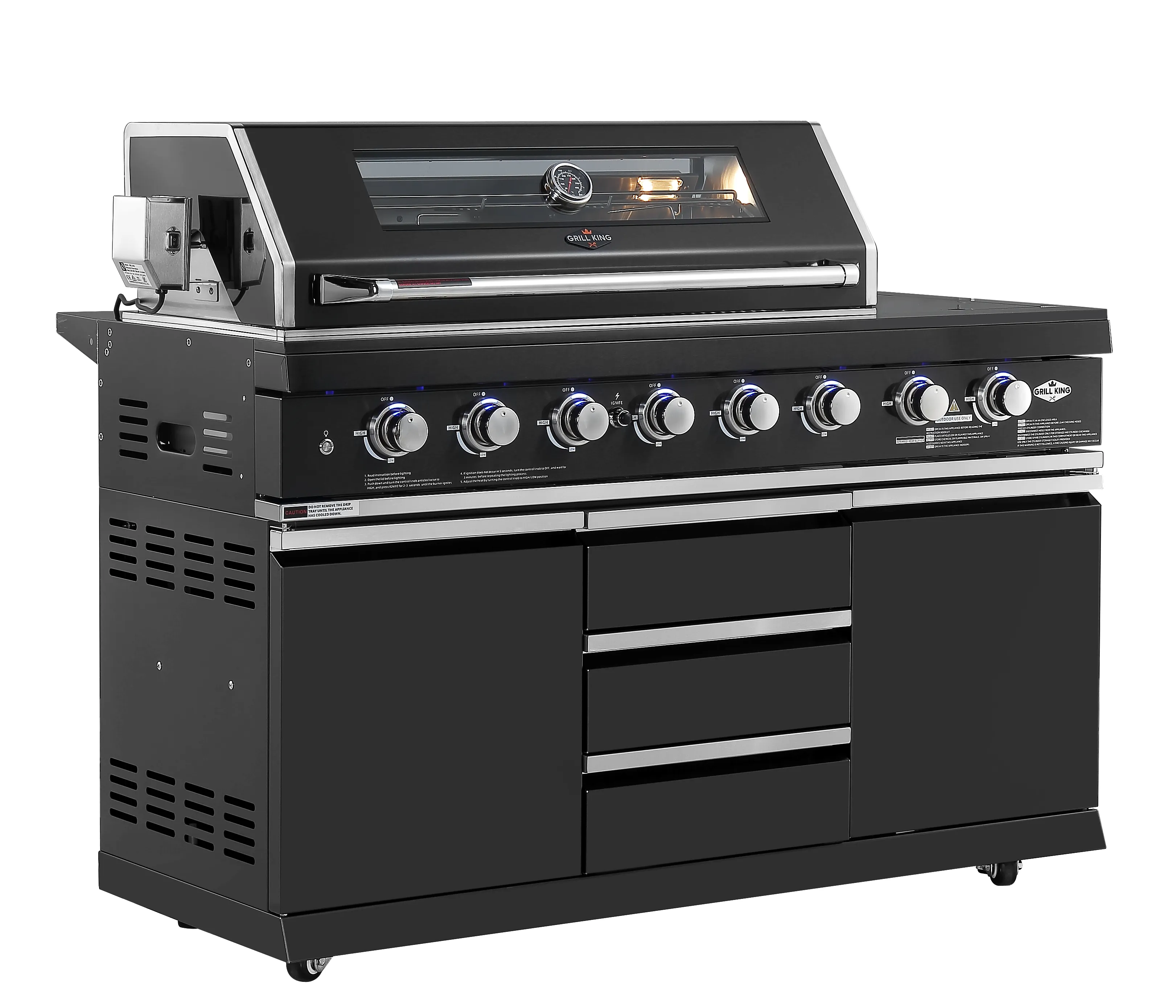 Kingsley L Shape Corner 6-Burner Outdoor BBQ Kitchen: Black Stainless Steel, Stone Bench, Fridge, Sink, Height Adjustable