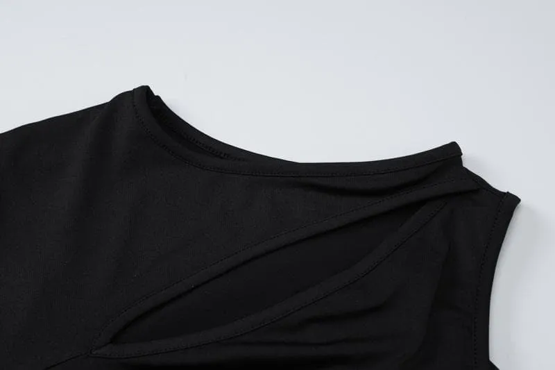 Long sleeve gloves irregular hollow out crewneck cut out maxi dress