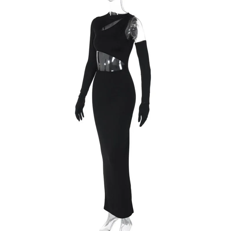 Long sleeve gloves irregular hollow out crewneck cut out maxi dress