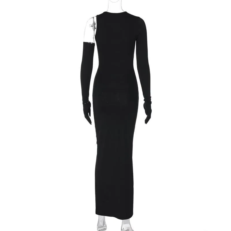Long sleeve gloves irregular hollow out crewneck cut out maxi dress