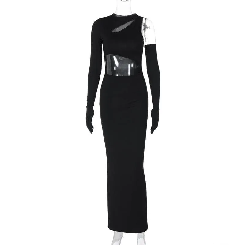 Long sleeve gloves irregular hollow out crewneck cut out maxi dress