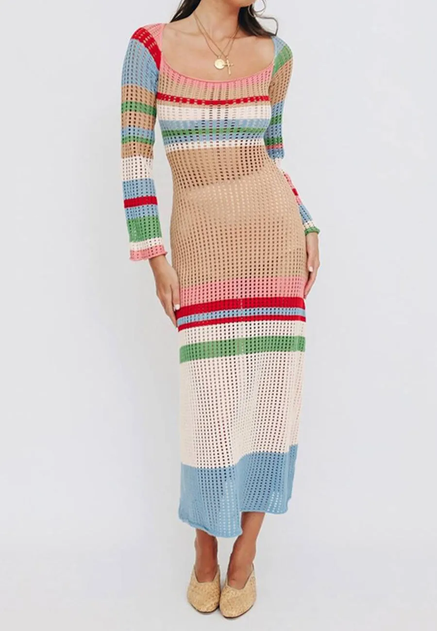 Rainbow Striped Square Neck Long Sleeved Cover-Up Dress