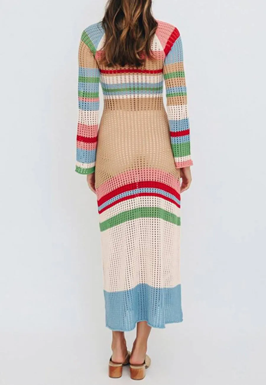 Rainbow Striped Square Neck Long Sleeved Cover-Up Dress