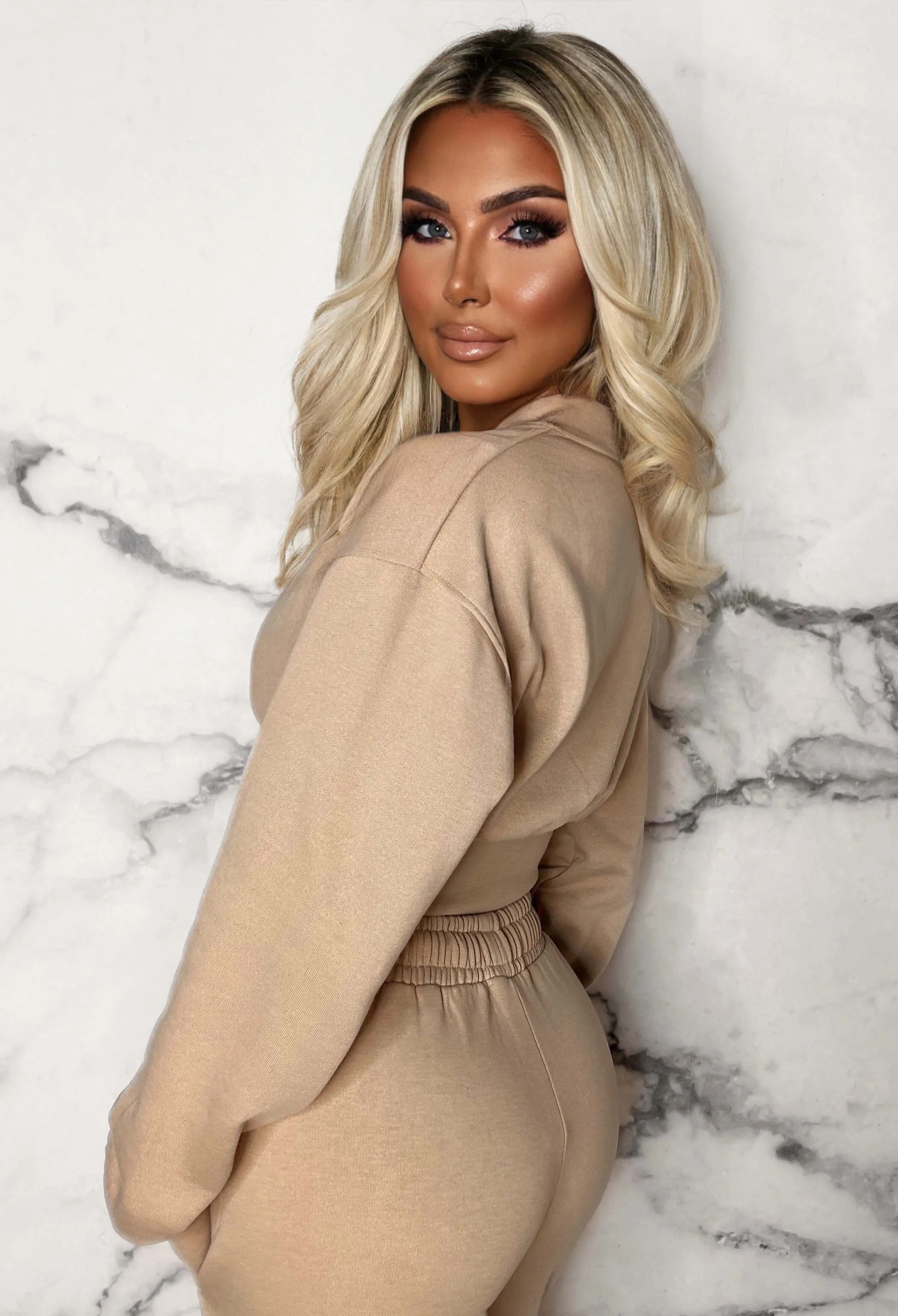 San Fran Dreaming Beige Embroided Cropped Baseball Collar Two Piece Loungewear Set