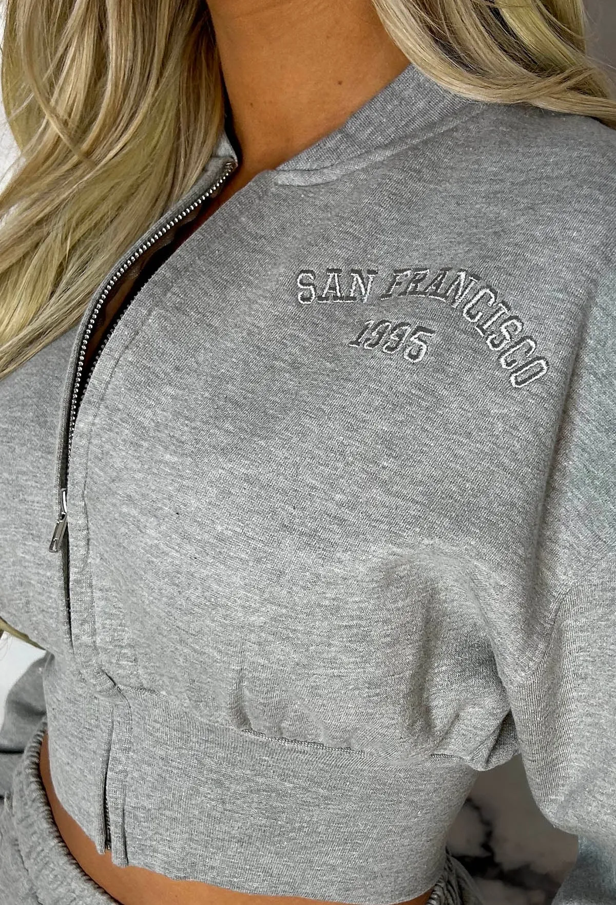 San Fran Dreaming Grey Marl Embroided Cropped Baseball Collar Two Piece Loungewear