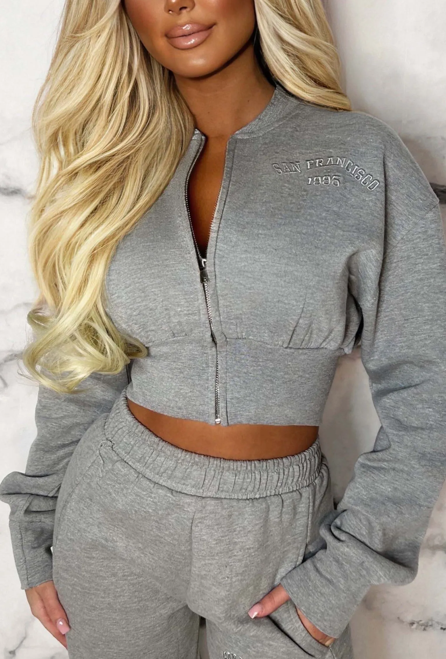 San Fran Dreaming Grey Marl Embroided Cropped Baseball Collar Two Piece Loungewear