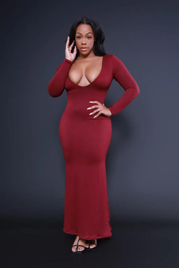 Second Skin Sculpting V-Neck Bodycon Maxi Dress - Burgundy