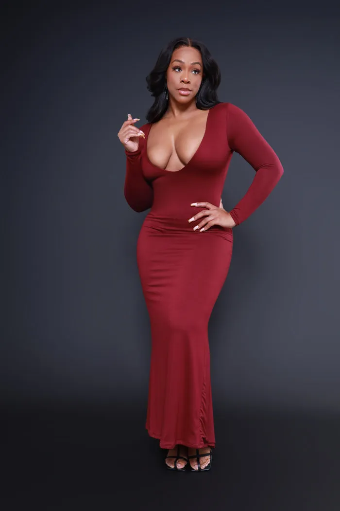 Second Skin Sculpting V-Neck Bodycon Maxi Dress - Burgundy