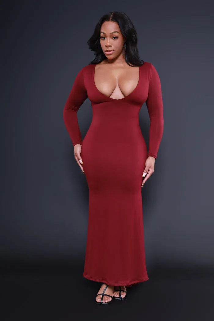 Second Skin Sculpting V-Neck Bodycon Maxi Dress - Burgundy
