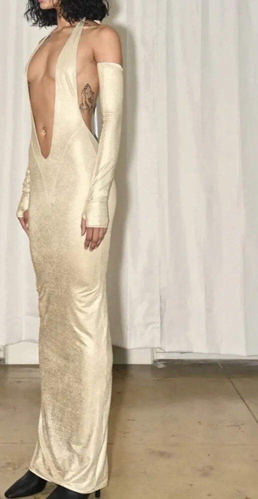 Shiny Deep V-neck Halter Maxi Dress Sexiest Women Bandage Backless With Separately Gloves Robe Femal Partywear Vestido
