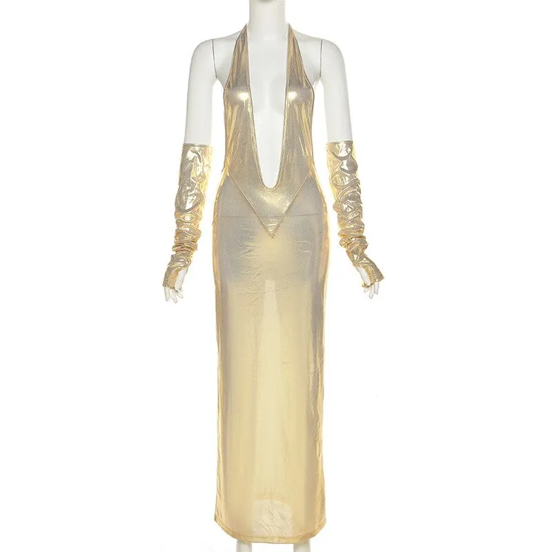 Shiny Deep V-neck Halter Maxi Dress Sexiest Women Bandage Backless With Separately Gloves Robe Femal Partywear Vestido